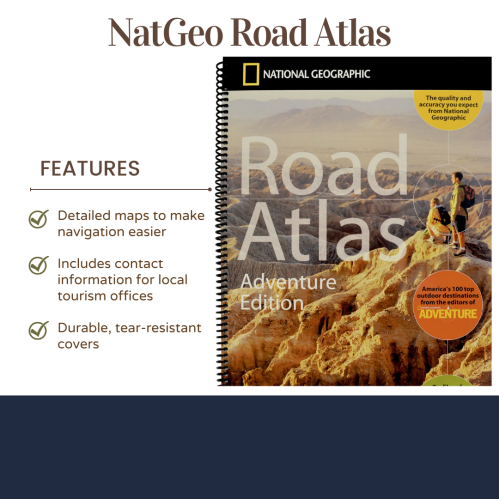 Cover of the National Geographic Road Atlas featuring detailed maps, tourism info, and durable covers.