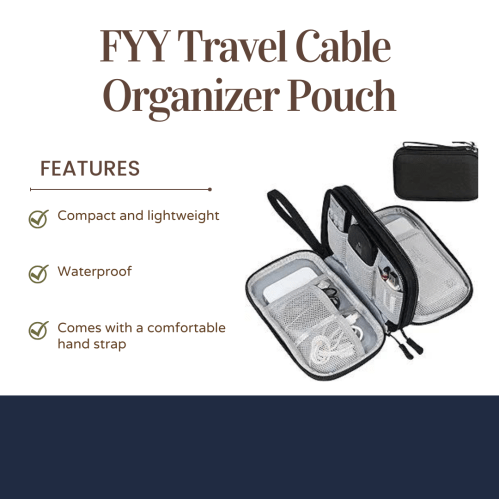 Image of a compact, waterproof travel cable organizer pouch with a hand strap, showcasing its features.