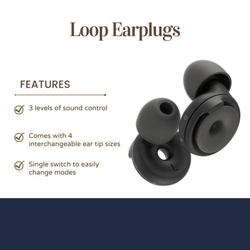 Black Loop earplugs with interchangeable ear tips and features for sound control and easy mode switching.