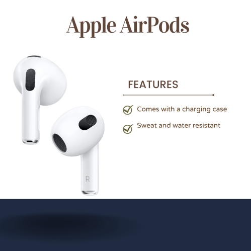 Image of Apple AirPods with features listed: charging case, sweat and water resistant.