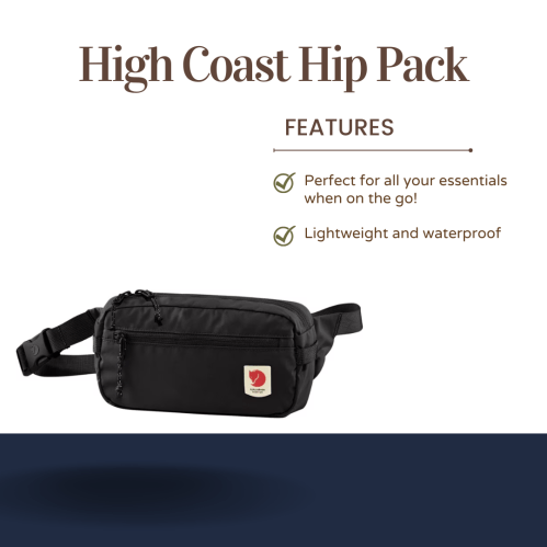Black hip pack with a logo, highlighting its lightweight, waterproof design and suitability for carrying essentials.