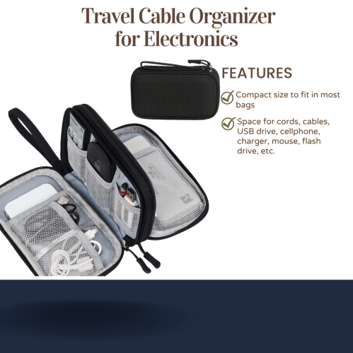 A travel cable organizer for electronics, featuring compartments for cords, chargers, and USB drives. Compact and portable design.
