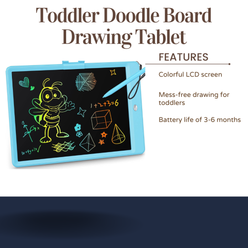 A toddler doodle board with a colorful LCD screen, featuring drawings and a stylus, highlighting its mess-free design.