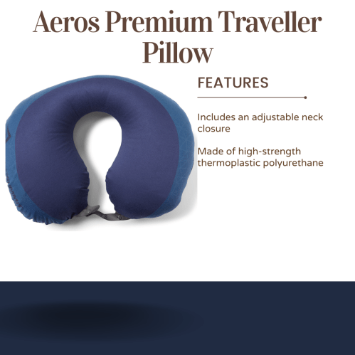 Aeros Premium Traveller Pillow in navy, featuring an adjustable neck closure and made of thermoplastic polyurethane.
