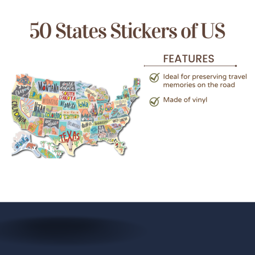 Colorful map of the US with state stickers, highlighting features like travel memory preservation and vinyl material.