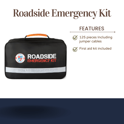 Black roadside emergency kit bag with orange handle, featuring 125 pieces, including jumper cables and a first aid kit.