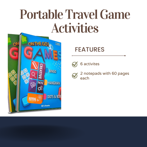 Two colorful notepads for travel games, featuring bingo, hangman, and more, with 60 pages each and 6 activities.