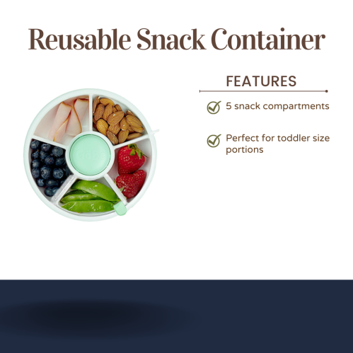 A reusable snack container with five compartments, ideal for toddler-sized portions, featuring various snacks.