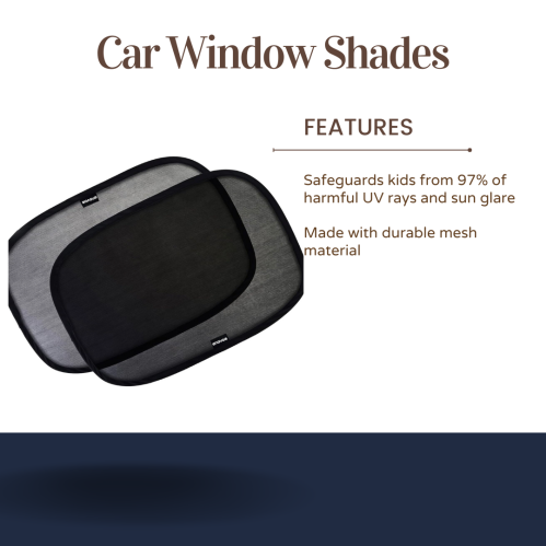 Two car window shades with features listed: UV protection for kids and durable mesh material.