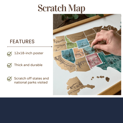 A hand scratching off a colorful state on a 12x18-inch scratch map, showcasing features and durability.