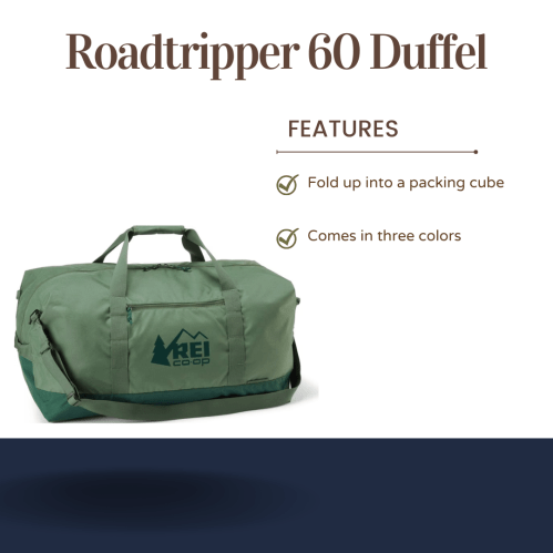 Green duffel bag with REI Co-op logo, highlighting features: folds into a packing cube and available in three colors.