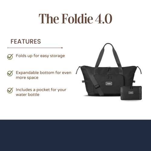 A black foldable bag with an expandable bottom and a water bottle pocket, showcasing its features.