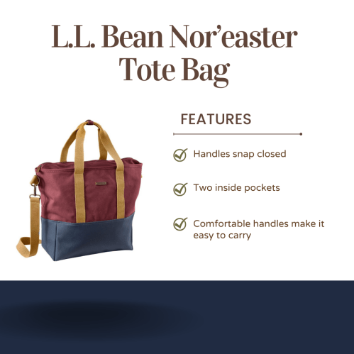 L.L. Bean Nor’easter Tote Bag with snap handles, two pockets, and comfortable carrying handles.