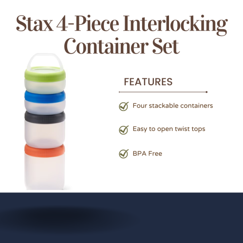 Four stackable, BPA-free interlocking containers with easy-open twist tops in various colors.