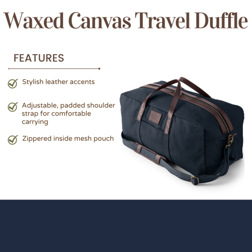 A waxed canvas travel duffle bag with leather accents, featuring a padded shoulder strap and a zippered inside mesh pouch.