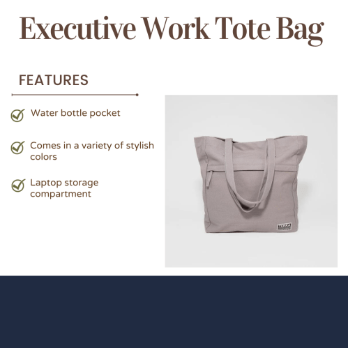 Gray executive tote bag with water bottle pocket and laptop compartment, available in various stylish colors.