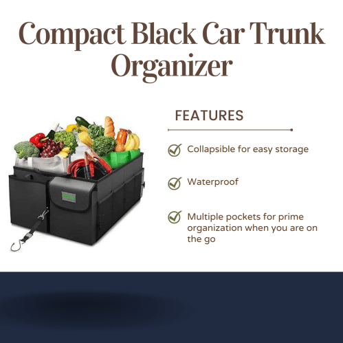 A compact black car trunk organizer filled with groceries, featuring collapsible design, waterproof material, and multiple pockets.