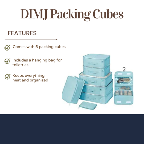 Light blue DIMJ packing cubes set, featuring five cubes and a hanging bag for toiletries, promoting organization.