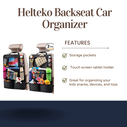 Image of Helteko Backseat Car Organizer with storage pockets, tablet holder, and features for organizing snacks and toys.