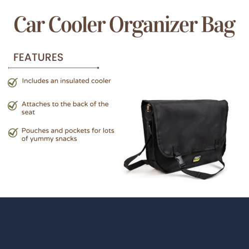 A black car cooler organizer bag with features like an insulated cooler and multiple pouches for snacks.