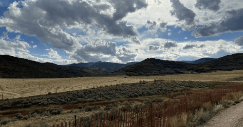 A scenic landscape featuring rolling hills, a cloudy sky, and a dirt path lined with a wooden fence.