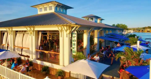 A lively waterfront restaurant with outdoor seating, blue umbrellas, and people enjoying the sunny day.