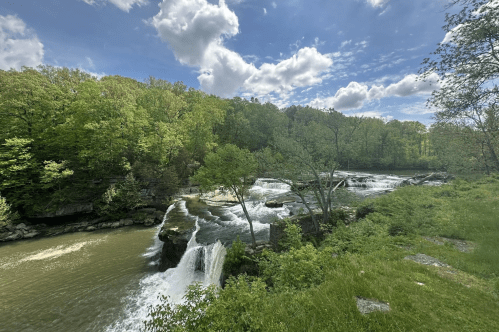Cataract Falls in Indiana surrounded by vibrant green trees.