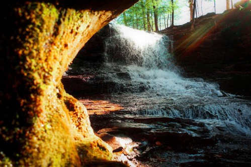 A serene waterfall cascades over rocks, surrounded by lush greenery and dappled sunlight filtering through trees.