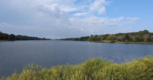 A serene lake surrounded by lush greenery and trees under a partly cloudy sky.