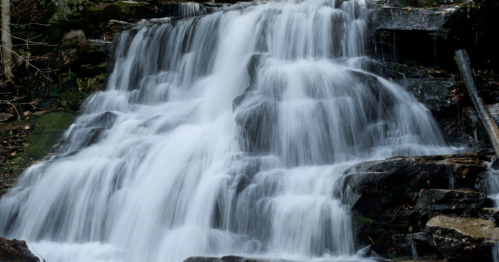A cascading waterfall flows over dark rocks, surrounded by greenery and natural elements.
