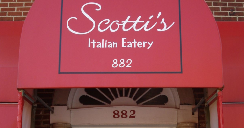 Red awning with "Scotti's Italian Eatery" and the number "882" displayed prominently.