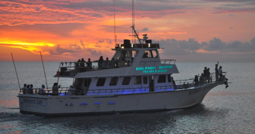 A boat named "Dolphin Watch" sails at sunset, with passengers enjoying the view against a colorful sky.
