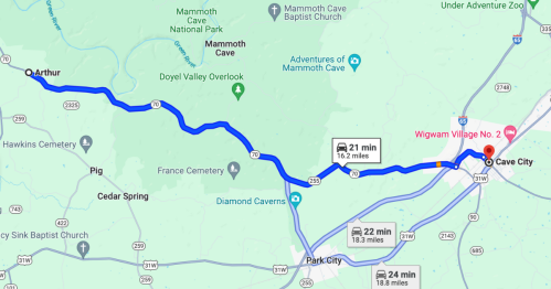 Map showing route from Arthur to Cave City, highlighting travel times and key locations along the way.