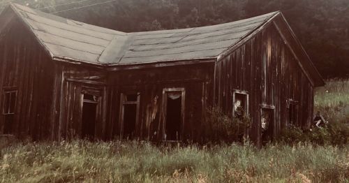 A weathered, abandoned wooden building with a slanted roof, surrounded by tall grass and trees in the background.