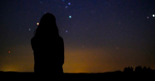Silhouette of a person gazing at a starry night sky filled with twinkling stars.