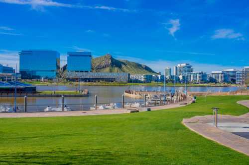 A scenic view of a park by a lake, with modern buildings and a mountain in the background under a clear blue sky.