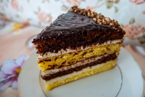 A slice of layered cake with chocolate frosting, nuts, and alternating layers of yellow and chocolate cake on a floral background.