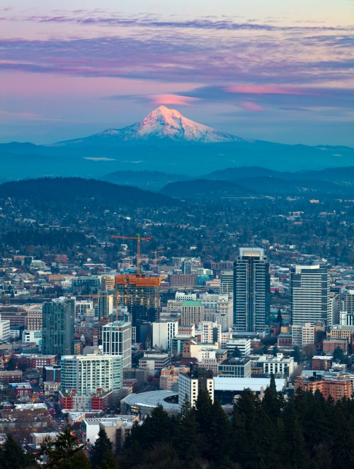 A panoramic view of a city skyline with a snow-capped mountain in the background during sunset.