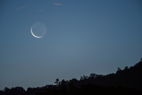 A crescent moon hangs in a twilight sky above a silhouette of trees on a hillside.