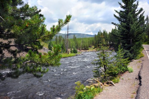 A serene river flows through a lush green landscape, surrounded by trees and mountains under a cloudy sky.
