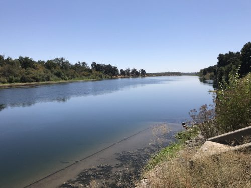 A calm river reflects the clear blue sky, surrounded by lush greenery and trees along the banks.