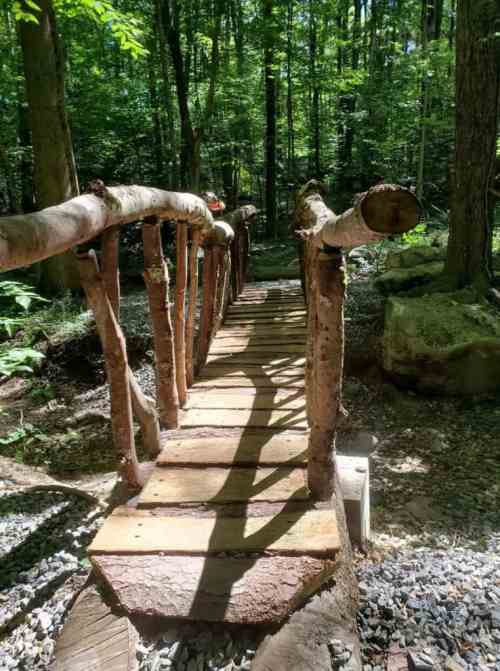 A rustic wooden bridge made of logs spans a rocky path in a lush green forest. Sunlight filters through the trees.
