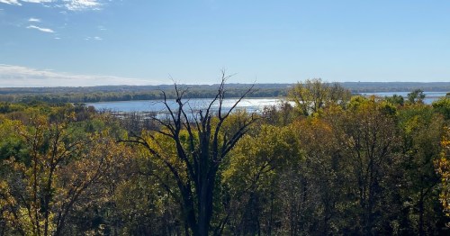 A scenic view of a river surrounded by colorful autumn trees under a clear blue sky.