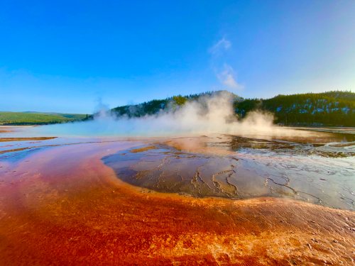 A vibrant geothermal pool with orange and blue hues, steam rising against a clear blue sky and forested hills in the background.