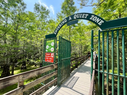A wooden walkway leads into a lush green area, marked by a sign reading "Entering a Quiet Zone."