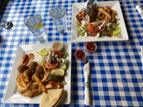 Two plates of food on a blue and white checkered tablecloth: one with falafel, fries, and salad; the other with a wrap and fries.