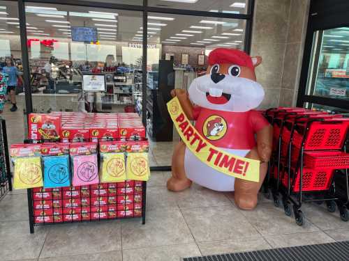 A large inflatable mascot stands outside a store, surrounded by colorful party-themed decorations and shopping carts.