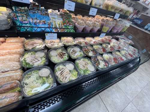 A display of various pre-packaged salads and snacks in a refrigerated case at a store.