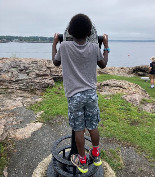 A child stands at a viewpoint, looking through a telescope towards the water, surrounded by rocks and grass.