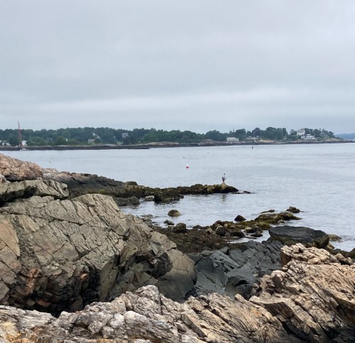 A rocky shoreline with a person fishing in the distance, surrounded by calm water and a cloudy sky.